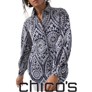 CHICO’S | Eyelet Billow Sleeve Shirt Cotton Button Up Blouse Top Long Sleeve